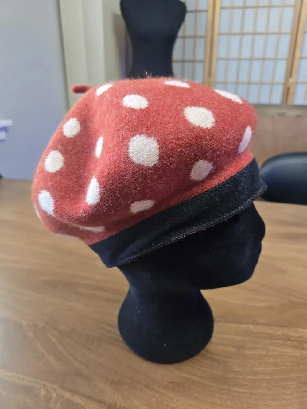 Red Mushroom Polka Dot Wool Blend Beret Hat Festival PARTY Rave One Size